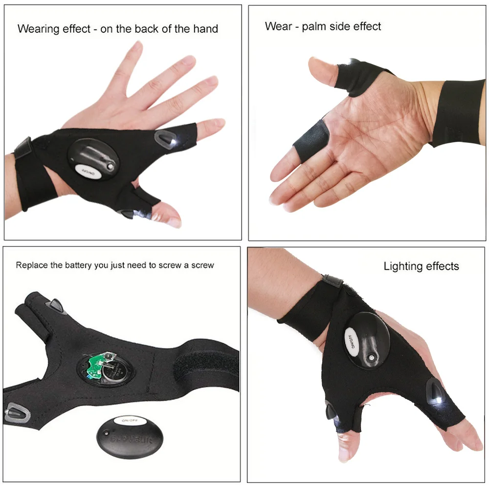 

1 Pair Outdoor Fishing Gloves Fingerless Non-Slip Gloves LED Flashlight Torch Cover Survival Camping Hiking Rescue Fishing Tools