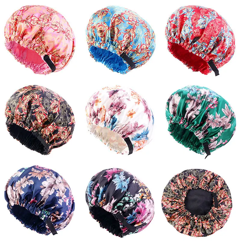 

Printing Satin Bonnet For Women Elastic Wide Band Night Sleep Satin Hat Chemo Caps Hair Loss Cover Fashion Head Wrap Hair Care