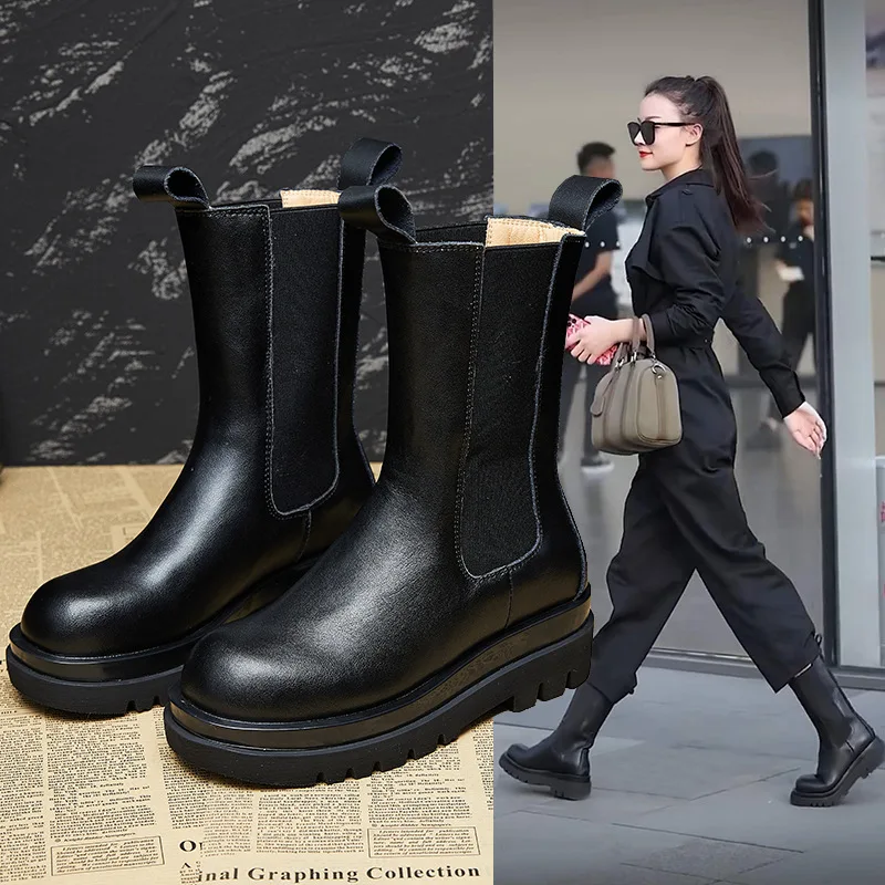 short Boots Women's Trend Korean Version of The Luminous Set of Elastic Two-layer Leather Boots British Style Chelsea Boots