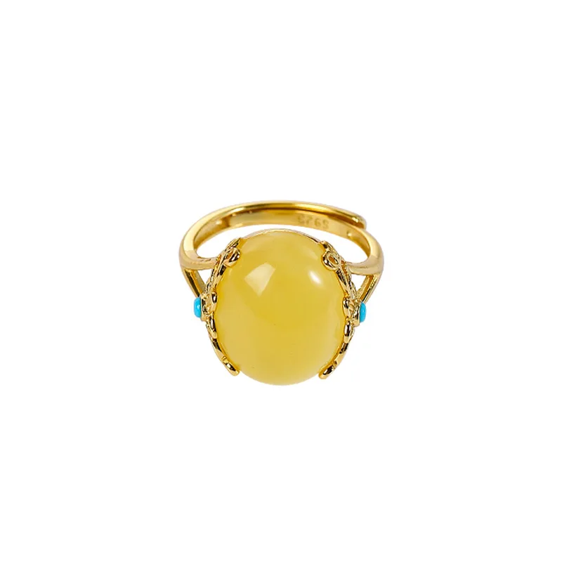 

UBESTNICE Vintage Natural Yellow Gemstone 925 Sterling Silver Gold Plated For Women Gift Oval Amber Resizable Rings Fine Jewelry