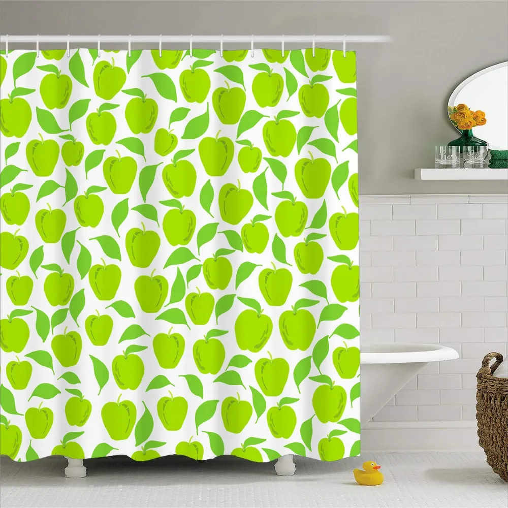

Занавеска для душа с крючками, 3D полиэстер, занавеска для ванной, водонепроницаемая, защита от плесени, зеленый, красный, желтый, яблоко, деко...
