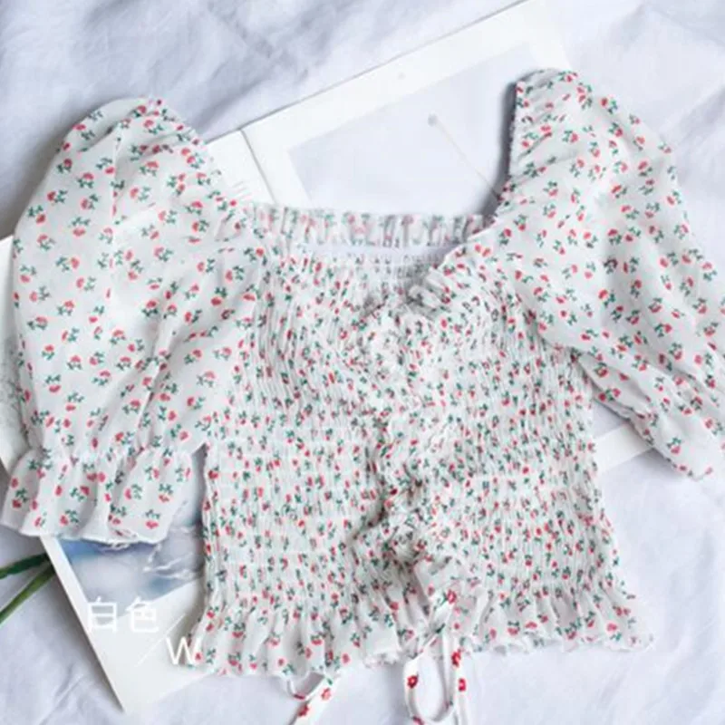 

Women Clothes 2021 Summer Korean Fashion Short Women Tops Slash Neck Puff Sleeve Print Slim Pullovers Women 4 Colors