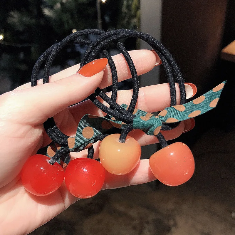 

Fashion Hot Selling Acrylic Cherry Hair Band Fabric Bowknot Hair Rope Women Girls Students Hair Rings Headpiece Hair Accessory