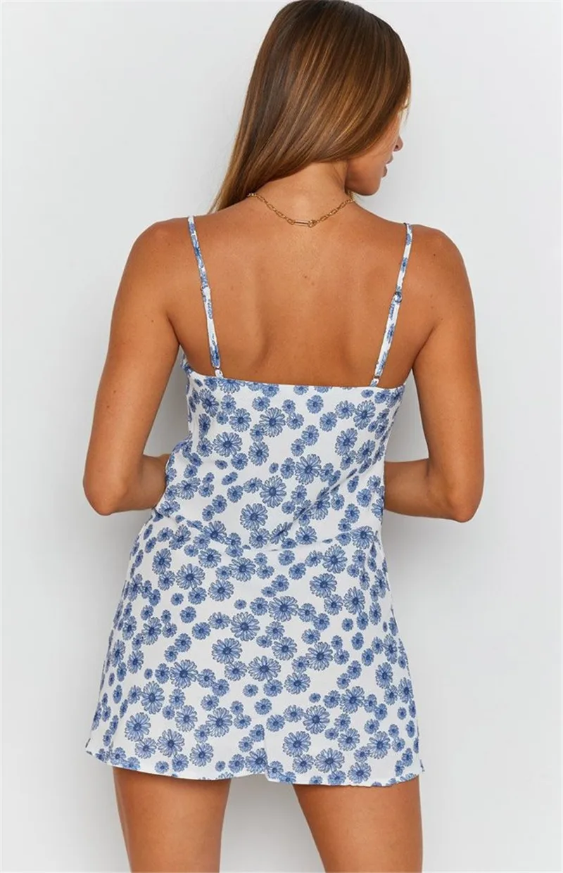 

Sexy Ladies Floral Printing Sundress Fashion Summer Spaghetti Straps Backless Split Pencil Mini Vestidos Women Beach Vacation