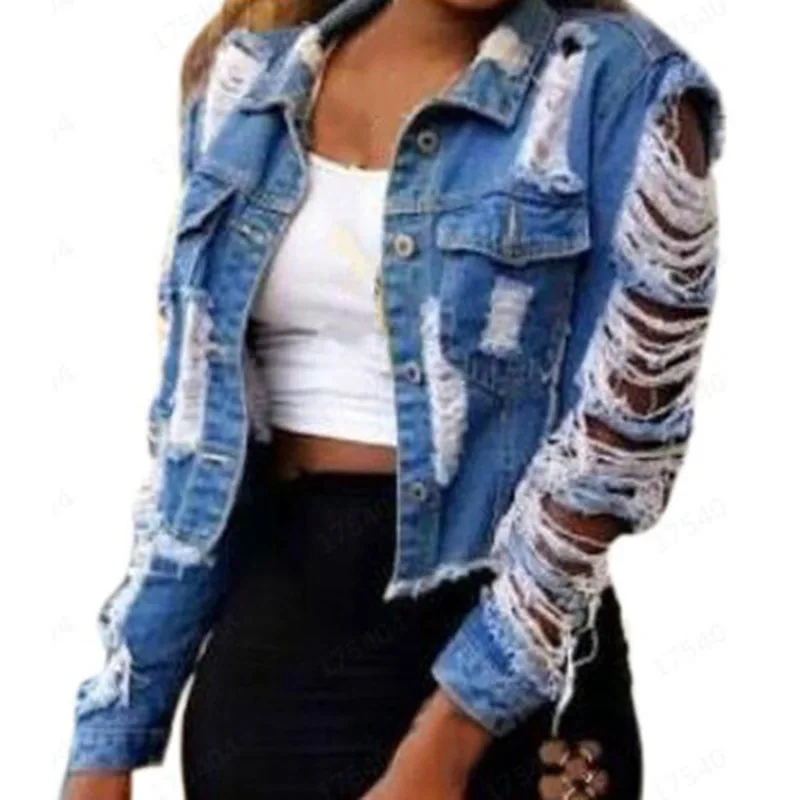 

Women Long Sleeves Destroyed Broken Hole Slim Denim Casual Short Coat Jackets