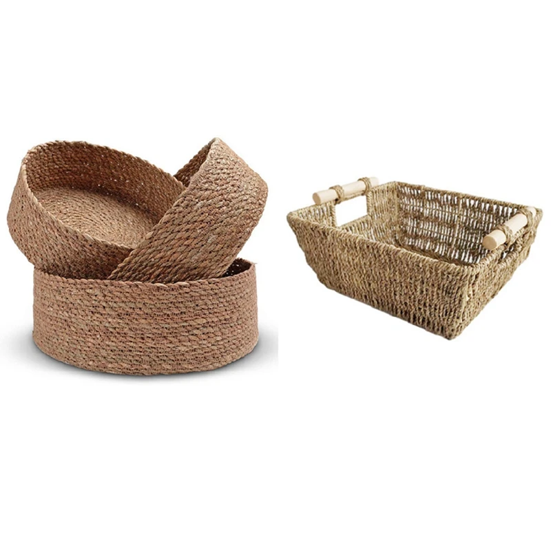 

Набор из 4 круглых лотков для корзины из морских водорослей с ручными большими корзинами для хранения с деревянными ручками