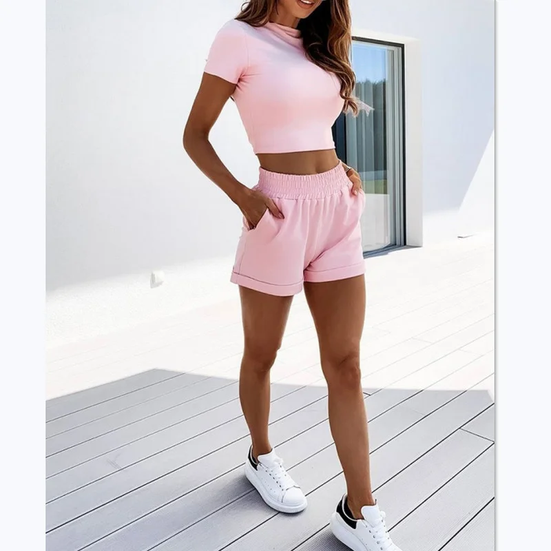 

Hirigin 2 Pcs Yoga Set Women Summer O-Neck Casual Crop Top+Pockets Shorts Tracksuit Short Sleeve T-Shirts Loose Shorts Outfits