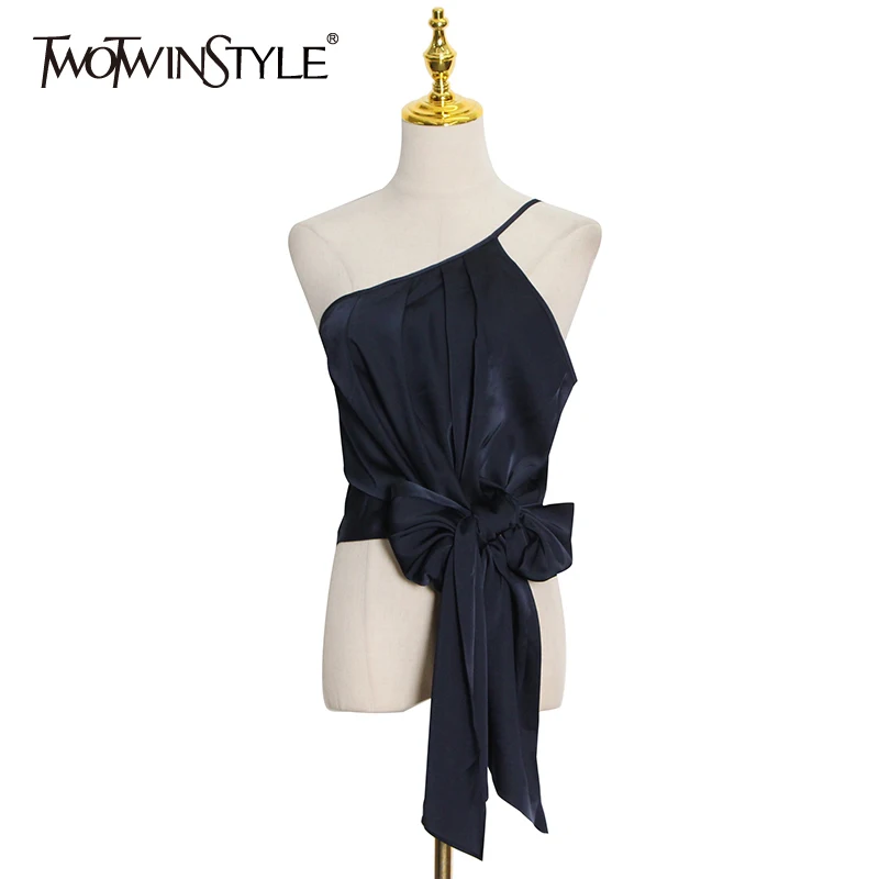

TWOTWINSTYLE Sexy Style Tops For Women Cut Out Patchwork Bowknot Lace Up Asymmetrical Collar Short Vests Female 2021 Summer New