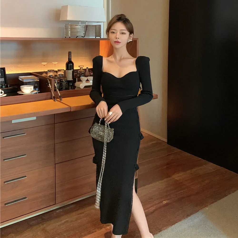 

Женское платье с длинным рукавом, черное кружевное платье с V-образным вырезом, лето 2020