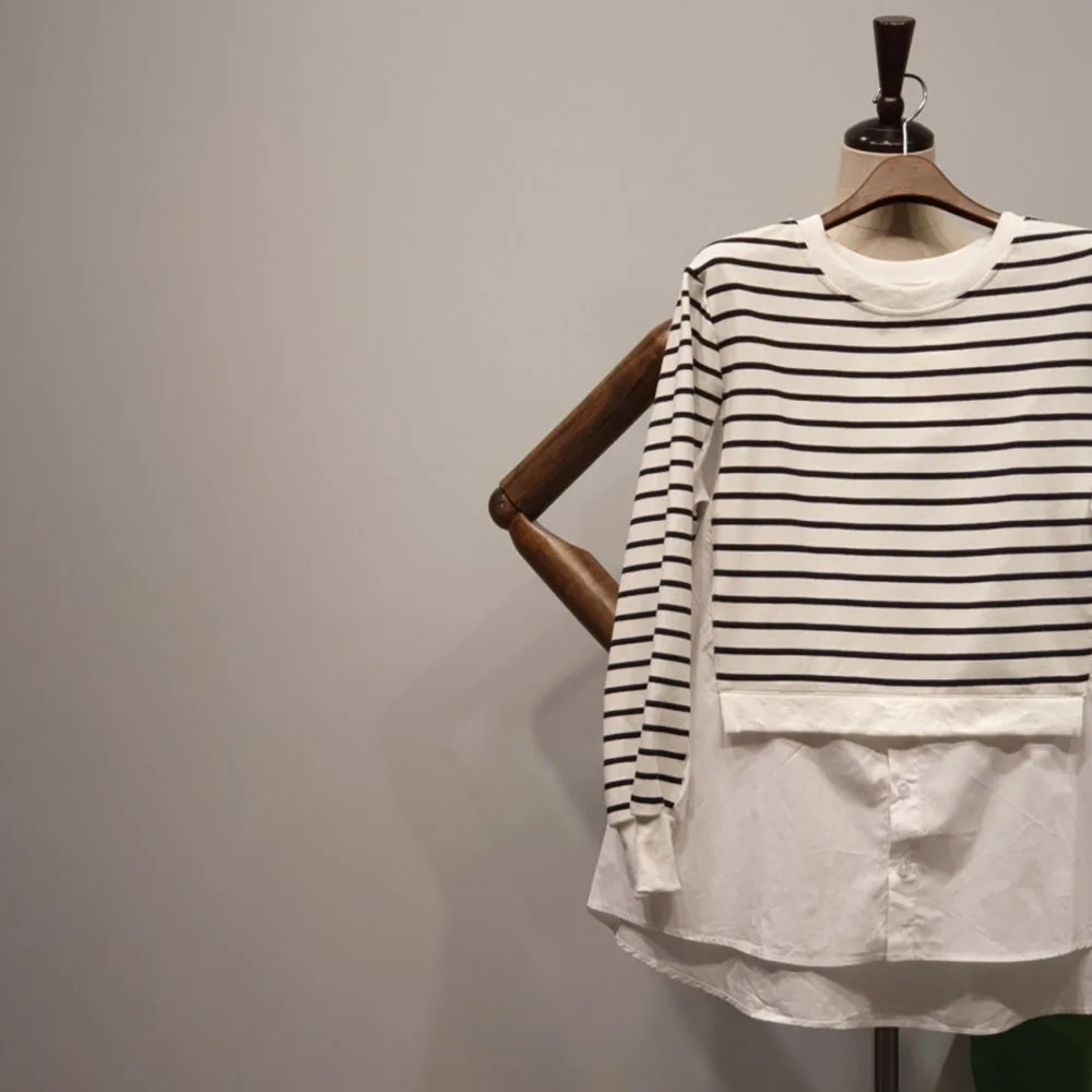 

Korean Fashion Stripe Splicing Blouse Round Neck Long Sleeve Fake Two Casual Loose Simplicity Women's