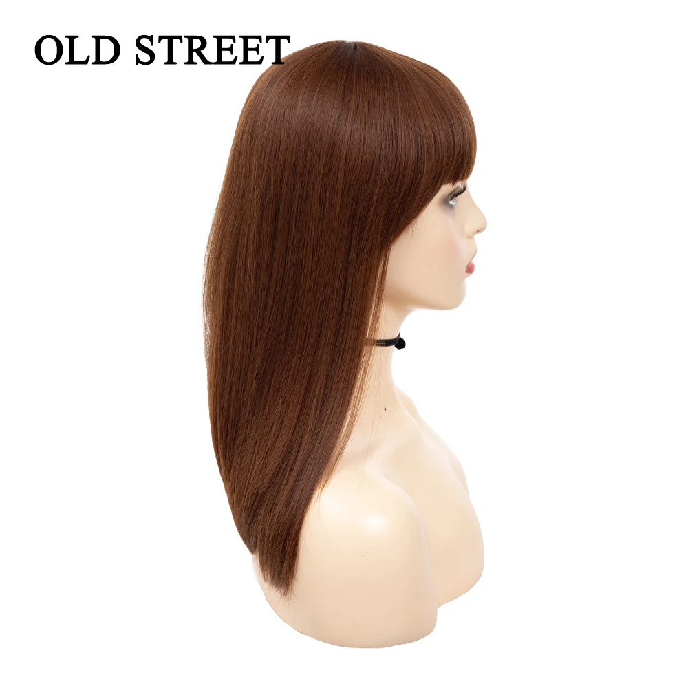 

Medium Deep Brown Synthetic Wigs with Bangs Layered Hairstyle for Women Hair Heat Resistant for Party Daily Use Shoulder Length