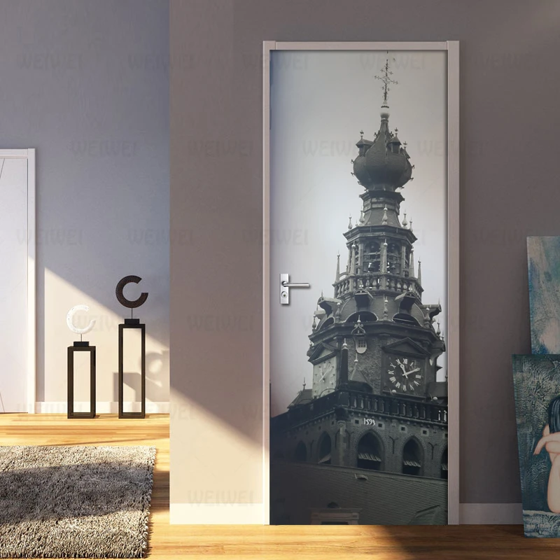 

European Retro Iron Tower Door Stickers Mural PVC Self-adhesive Waterproof Wallpaper Living Room Bedroom Door Decor Decal Poster