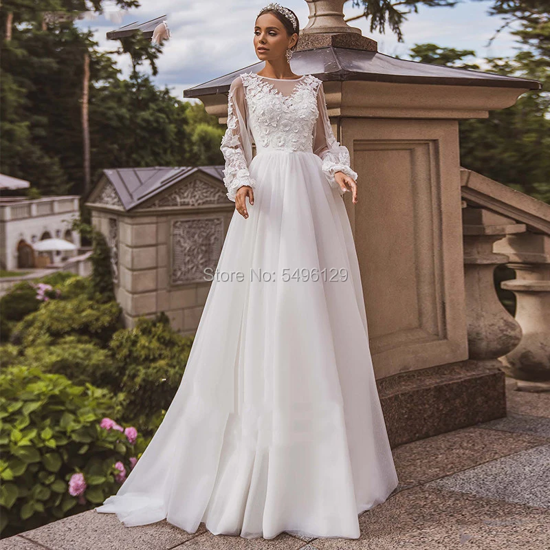 

Romantic 3D Flowers Wedding Dresses Long Sleeves A Line Lace Appliques Bridal Gowns Buttons Sweep Train Vestidos De Noiva 2023