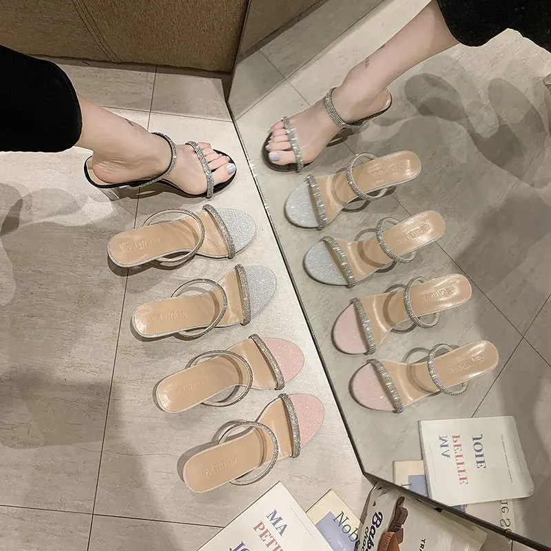 Мюли женские прозрачные на каблуке модные туфли-стразы хрустальные крутые мюли
