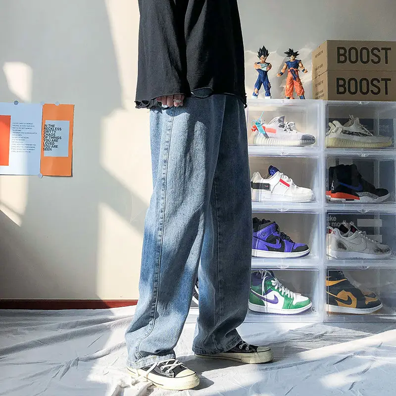 

2021 Men's New Loose Black/blue Straight Pants Solid Color Casual Pants Baggy Homme Cargo Pocket Jeans Biker Denim Trousers