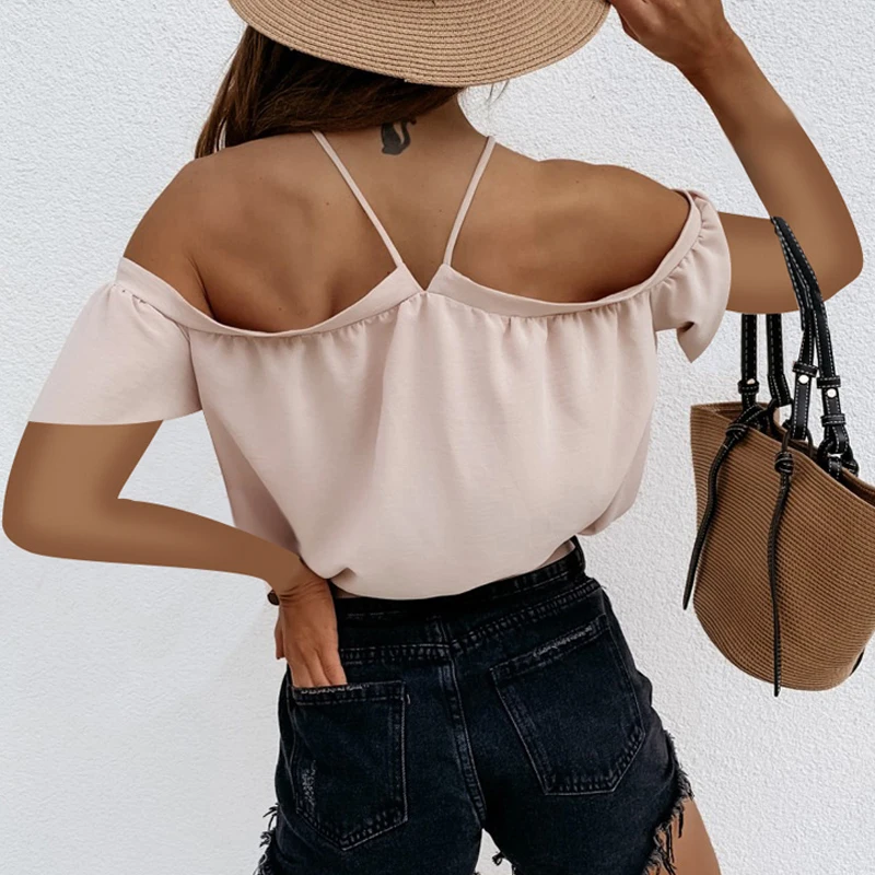 

Women 2020 Summer Off Shoulder Halter Blouse Shirts Sexy Backless Solid Color Tops Ladies Elegant Short Sleeve Shirt Blusas 3XL