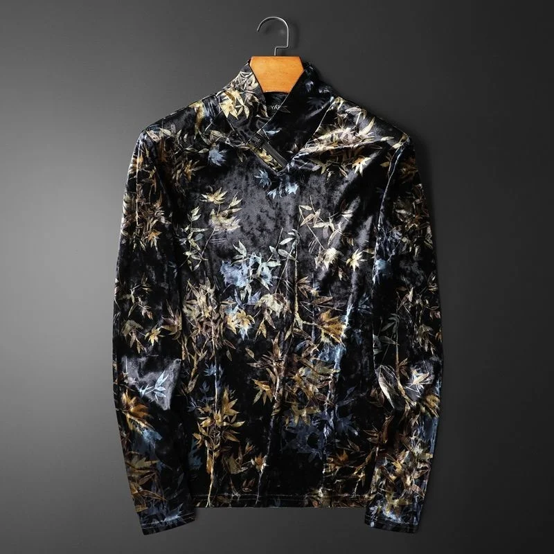 

Men Camiseta Hombre Zipper Royal Sweatshirt Collar Luxury Flora Print Velvet Sweatshirt Men Club Party Sudadera Hombre Hip Hop