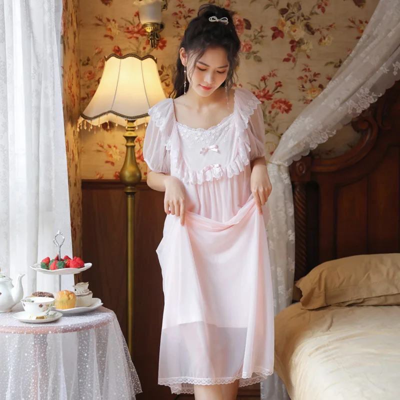 

Sleepwear Nighty Woman Autumn Nightgown White Pink Nightdress Leisure Fashion Long Vintage Home Dress Ladies Nightwear Vneck