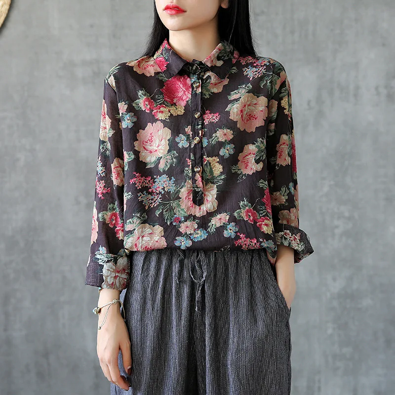 Женская рубашка с длинным рукавом Johnature винтажная Свободная принтом на кнопках и