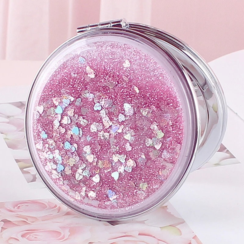 

Portable Double-Sided Folding Cosmetic Mirror Female Gifts With Sparkling Quicksand Pocket Makeup Mirror Normal/2X Magnification