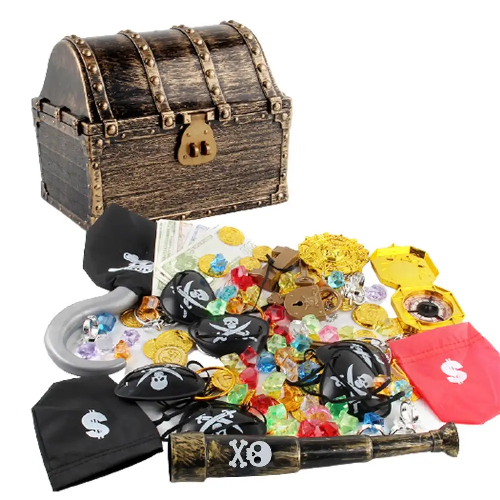 

143pcs Kid Pirate Chest Box Golden Box Toy Kit For Party Favors Props Decoration Pirate Treasure Box For Kids