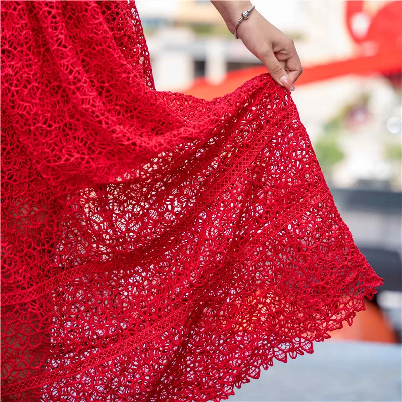

CBAFU high waist puff sleeve red party long dress women short sleeve summer dresses holiday lace beach vestidos ruffles M403