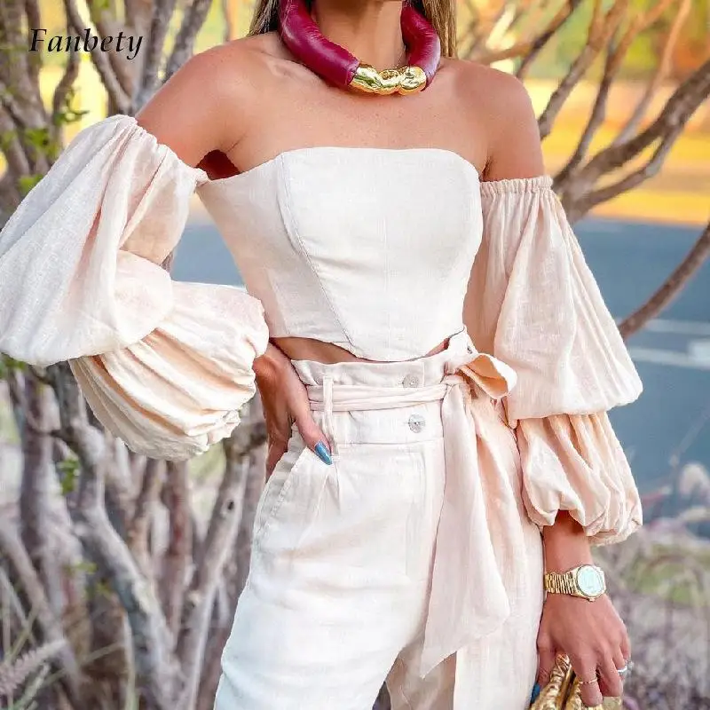 

Sexy Backless Lantern Sleeve Shirt+Long Pants Suits Women Elegant Strapless Cotton Linen Two Piece Sets Lady Outfits 2022 Spring