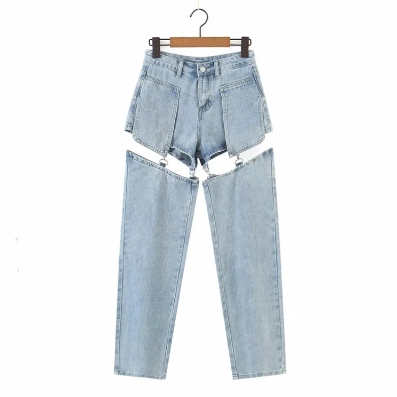 

Personalized Double Cut Two Wear Design Jeans Spring New Women's Street Hipster Harajuku Style High Waist Slim Pants