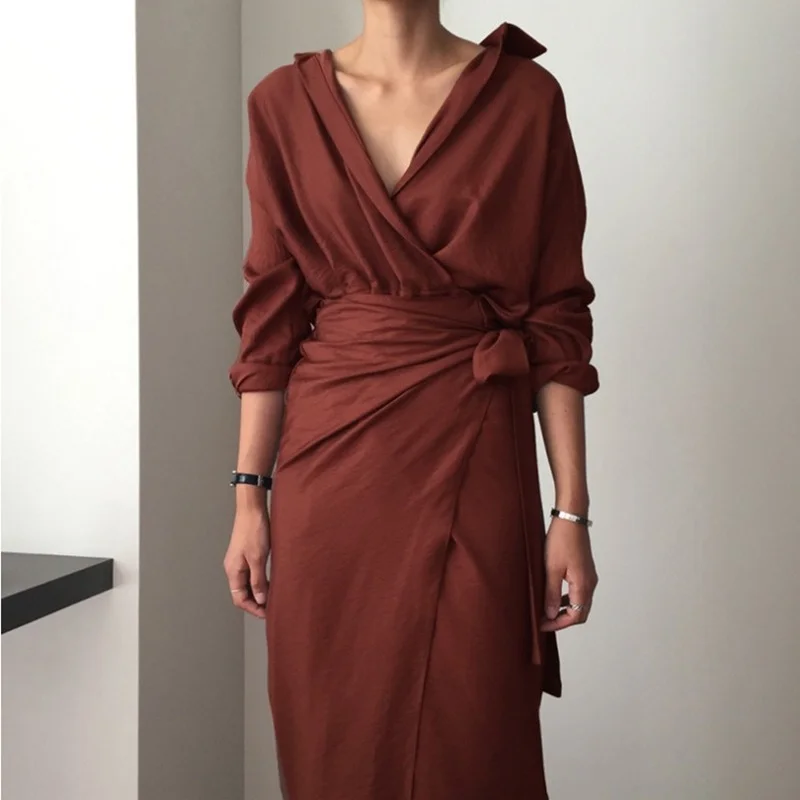 

Autumn Irregular Sheath Tied Dress V-neck Long Sleeve Solid Color Dress