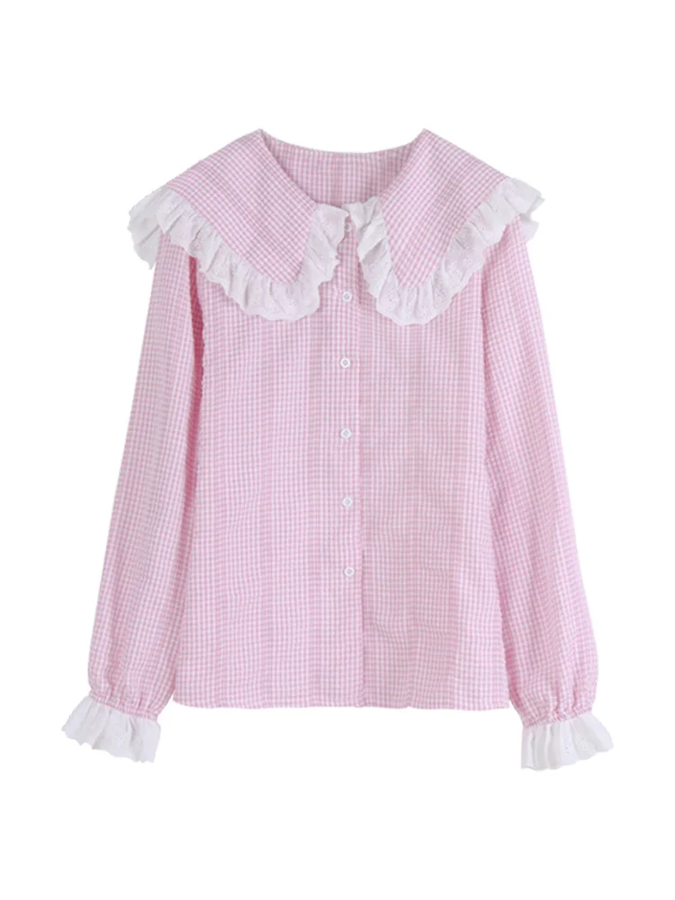 

Japanese Korea Style Plaid Shirt Ruffle Bell Sleeve High School Uniforms Students Cute Girls Harajuku Preppy Style Pink Cardigan