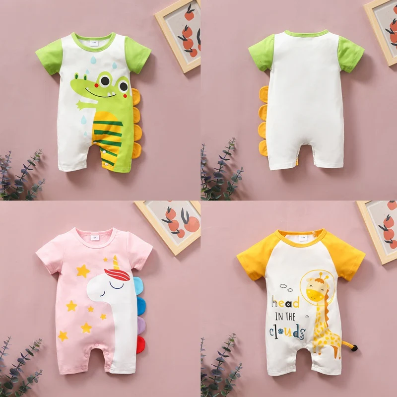 Summer Cartoon Baby Boy Girl Rompers Cute Animals Pattern Short Sleeved Shorts Clothes Infant Cotton Jumpsuit Outfit Clothing Newborn Knitting Romper Hooded 