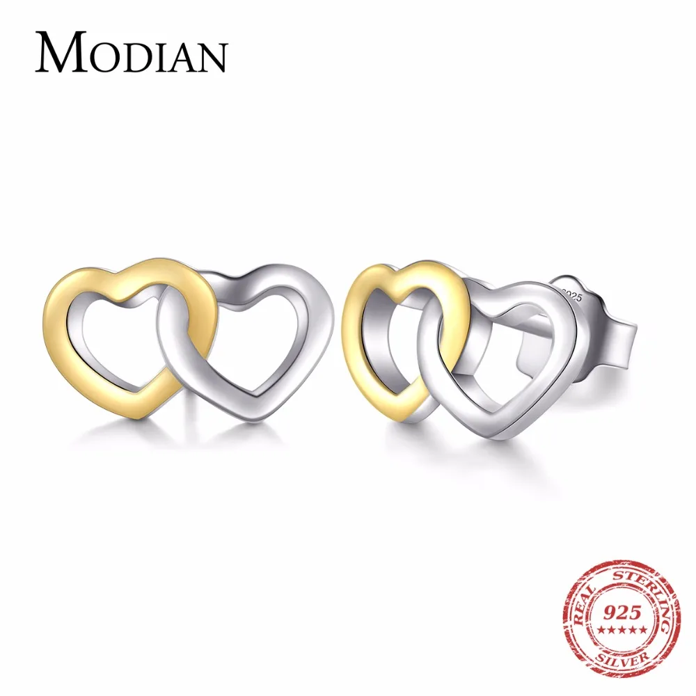 Modian стиль Настоящее 925 пробы серебряные двойные серьги-гвоздики в форме сердца белого и золотого цвета модные для женщин Свадебные ювелирные изделия