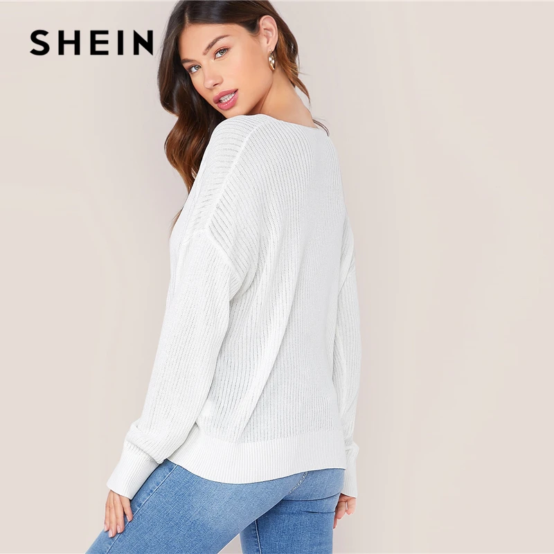 SHEIN белый Однотонный свитер с v-образным вырезом и открытыми плечами женские топы осенние Повседневные базовые офисные женксие кофты с длинными рукавами