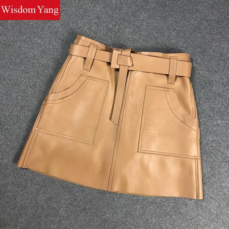 Из натуральной овечьей кожи мин юбки расклешенного силуэта с поясом Сезон осень