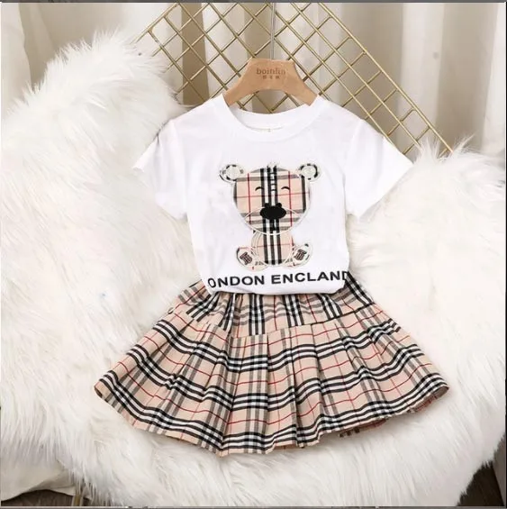

2021 New Style Bear Embroidery Baby Girl Short-sleeved T-shirt Shirt Plaid Skirt Girl Suit
