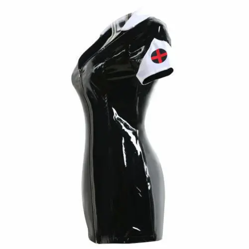 Черная резиновая фантазия сексуальная медсестра латексная Клубная одежда Мини