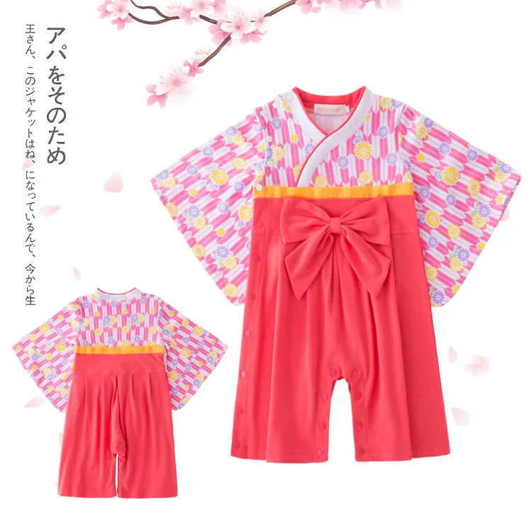 

New Kids Jumpsuit Baby Girl Clothes Japanese Romper Pink Cherry Floral Print Kimono Toddler Japan Style Children Outfit Clothing