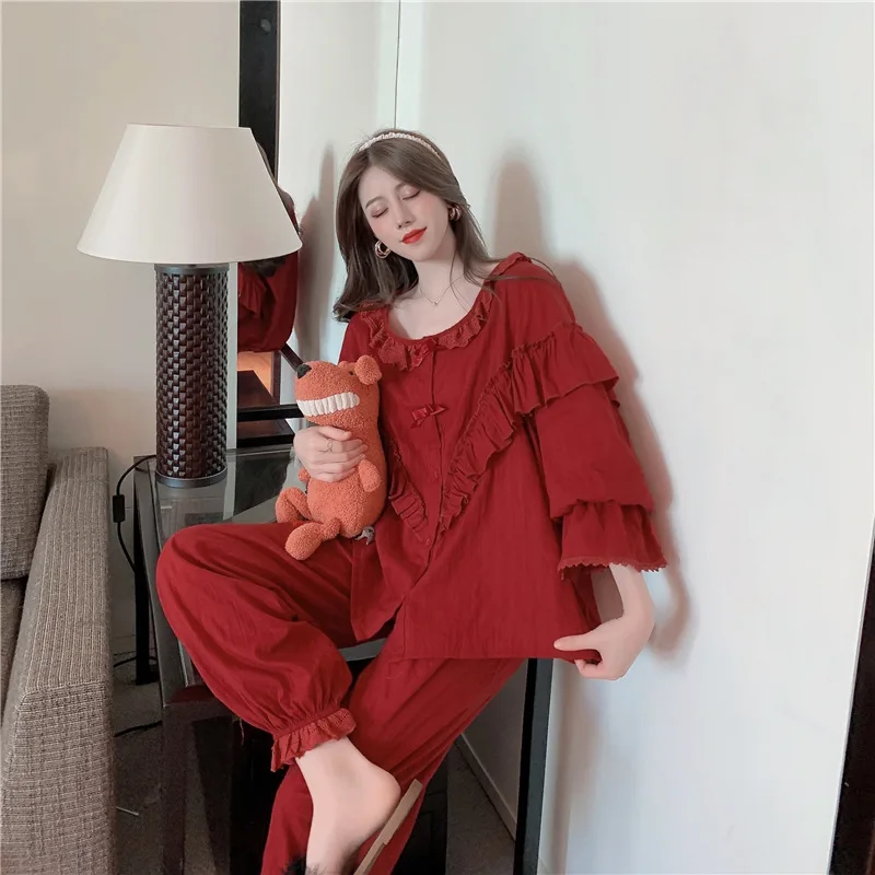 Spring And Autumn Loose Jacquard Pajamas Women Princess Woven Cotton Comfortable Ins Style Long-Sleeved Suit Home Service