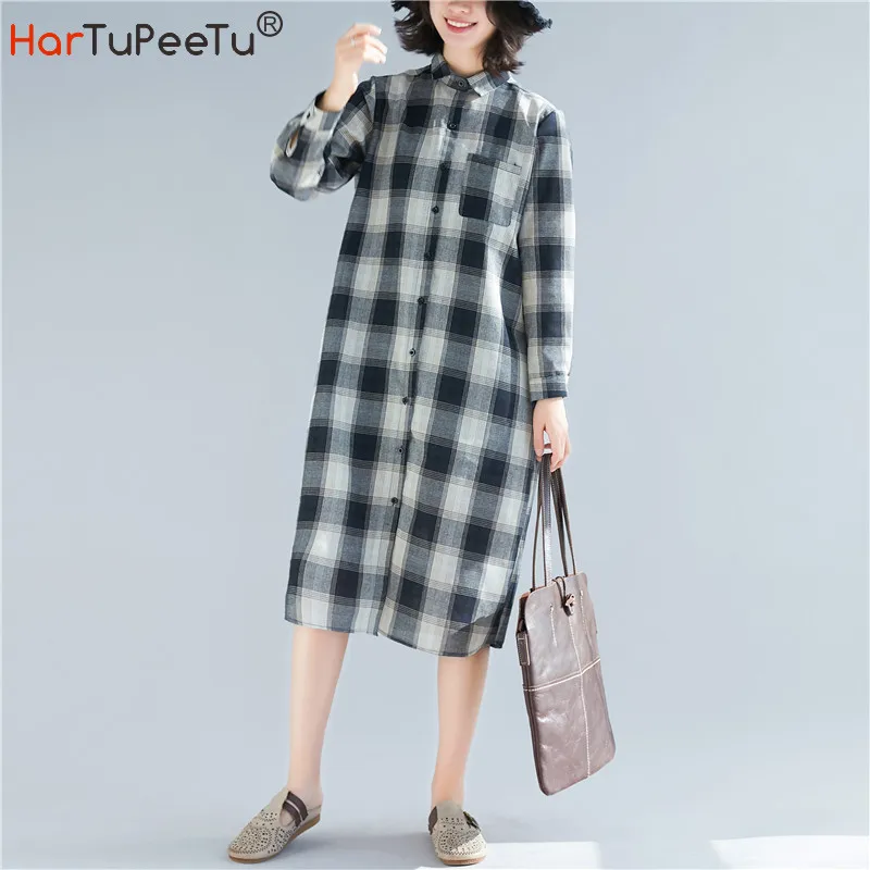 Платье блуза с длинным рукавом женские повседневные рубашки в клетку большого
