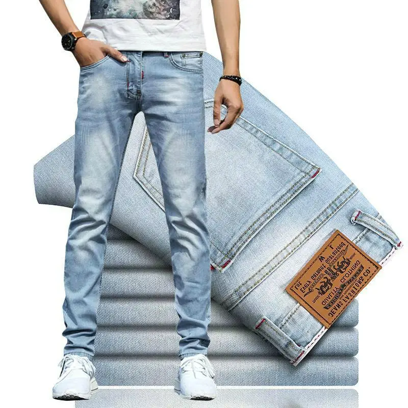 

Summer jeans men's thin stretch light color jeans men's slim feet light blue white casual washing