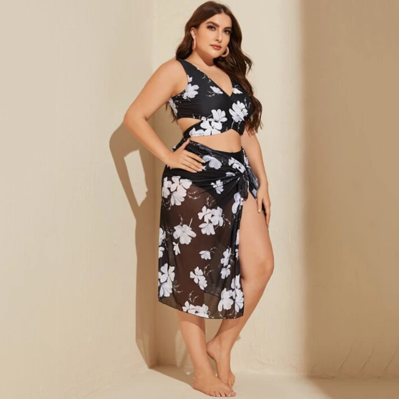 Женский комплект бикини размера плюс из 3 предметов с накидкой купальник высокой