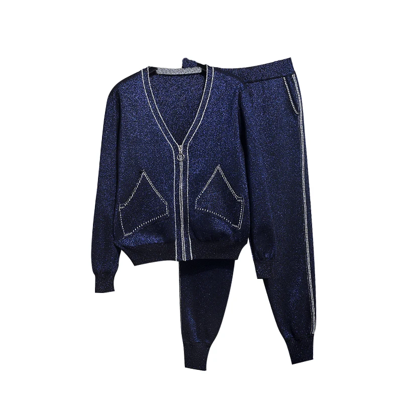 

Korean Style Womens Casual Bright Silk Long Sleeve Knitting Cardigan Pockets V-Neck Zippers Sweater Coat Sportswear Sets