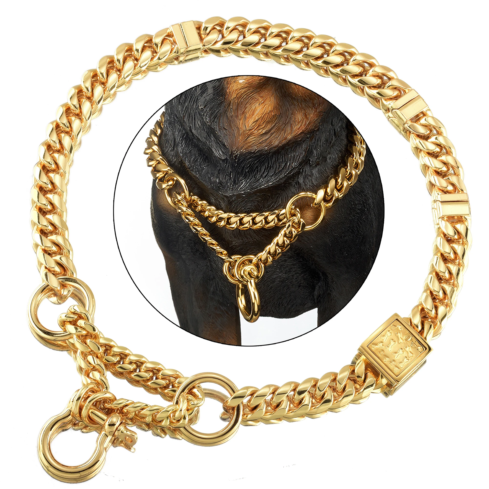 

Dog Martingale Collar Metal Chain Choke with Design Secure Buckle Gold Color Cuban Link Strong Chew Proof 15mm