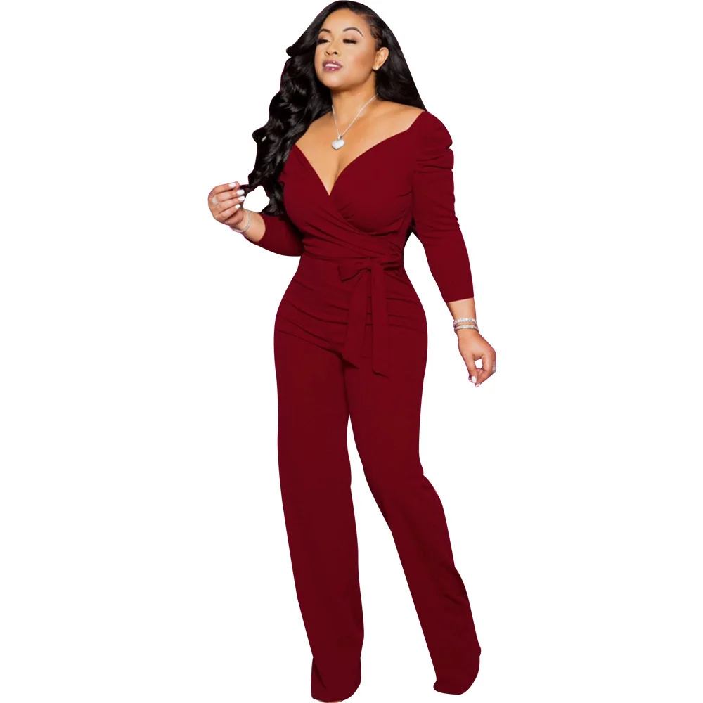 

European and American fashion long-sleeved solid color V-neck tights sweatpants women sweatpants women baggy