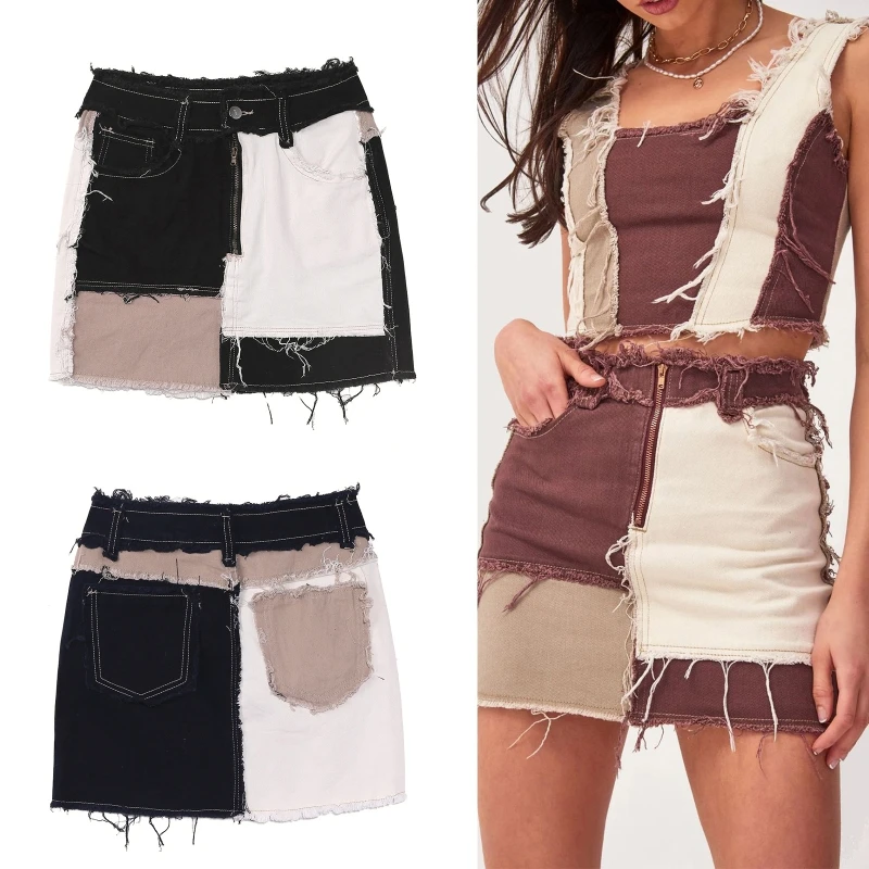 

Women Mid Waist A-Line Denim Mini Pencil Skirt Color Block Patchwork Vintage Distressed Frayed Tassels Zipper Streetwear