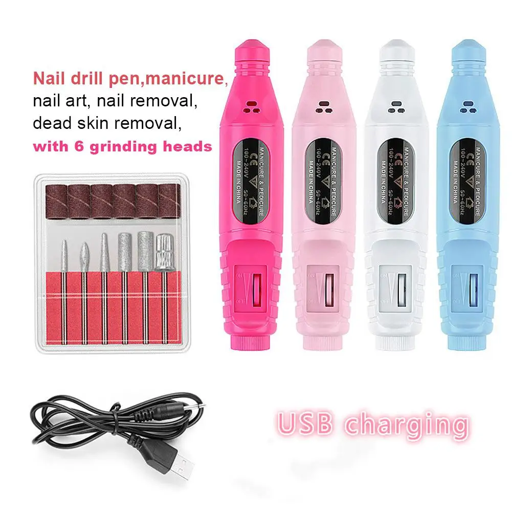 

USB Electric Nail Treatments Drill Pen + Grinding Head Wheel Manicure Machine Set Gel Remover Sanding Polishing Nail Art Tools