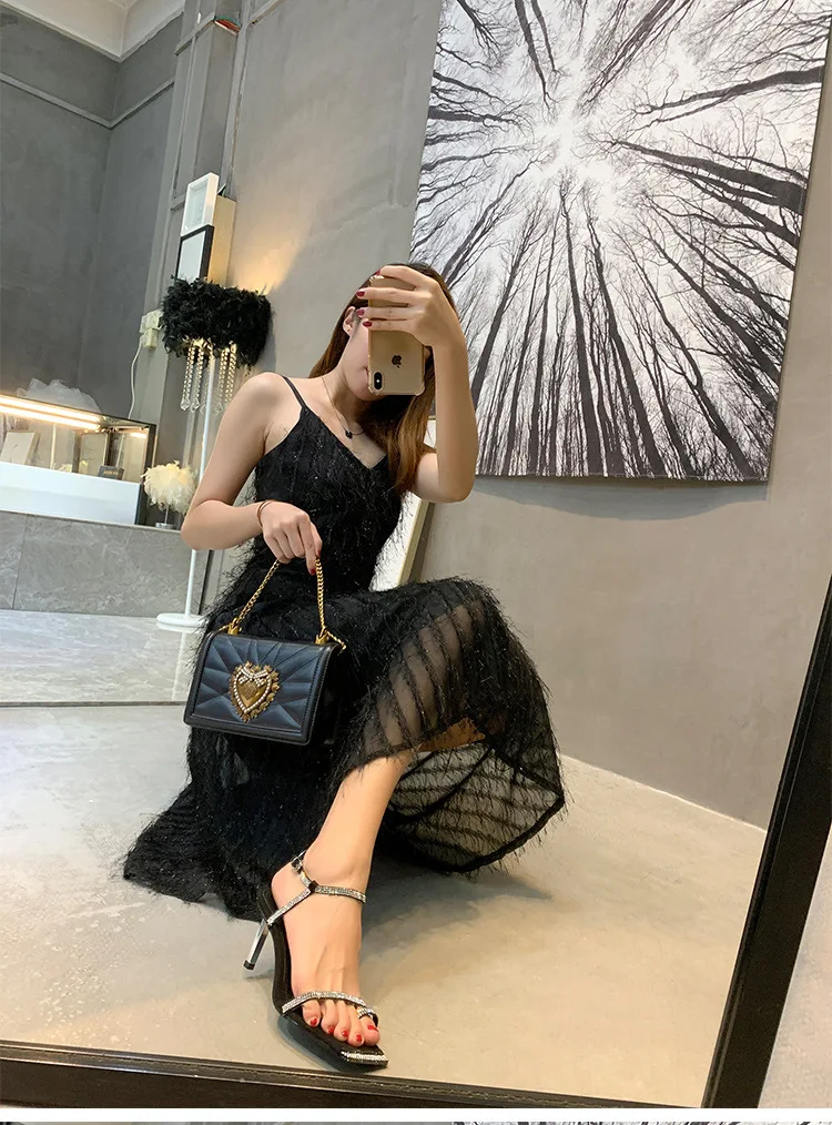 

Summer New Super High Heel Sandals with Square Toe Rhinestones and Black Sexy Stiletto High Heels Shoes for Women