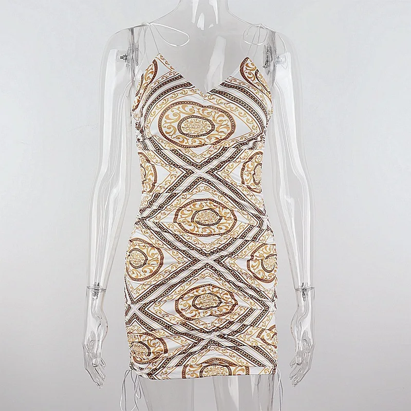 

Cryptographic Fashion Print Drawstring Ruched Straps Women's Mini Dress Bodycon Sleeveless Backless Dresses Summer 2021 Holiday