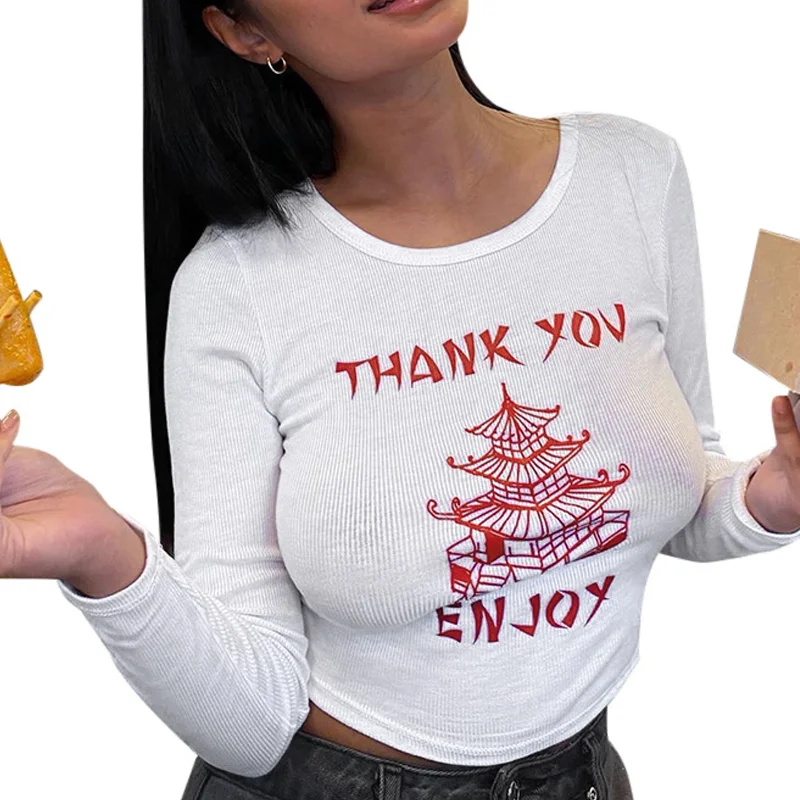 Женская футболка с длинным рукавом круглым вырезом и буквенным принтом|Футболки|