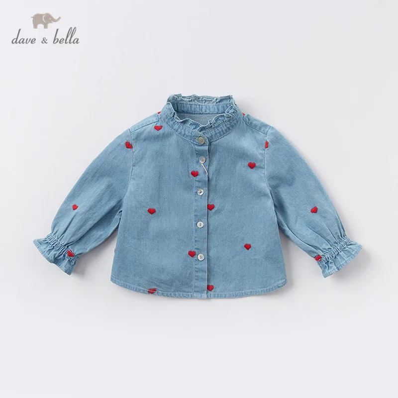

DB12975 dave bella spring baby girls cute love embroidery ruched shirts infant toddler tops children high quality clothes